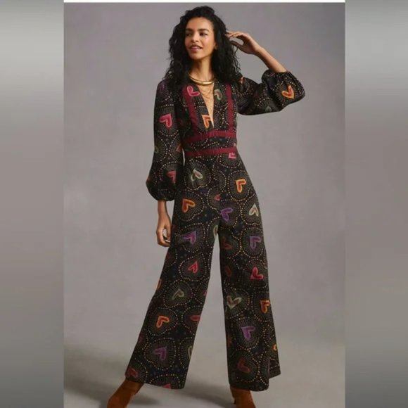 FARM Rio Pants - NWT Farm Rio / Anthropolgie Deep V Heart Jumpsuit